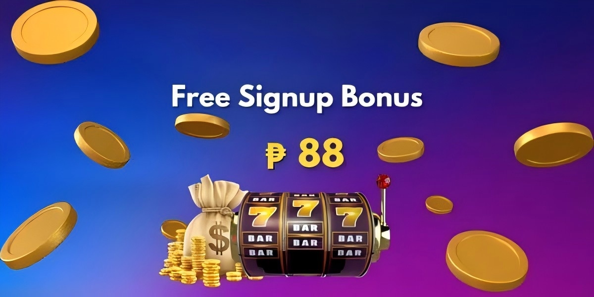 Free signup bonus banner showing an 88 peso reward, gold coins and a triple-seven slot machine
